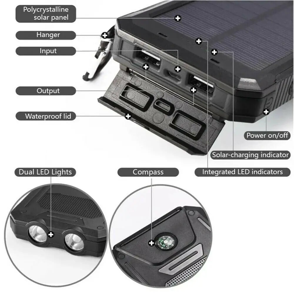 New 20000Mah Solar Power Bank Outdoor Waterproof Solar Power Charging Bank 2Usb Led Battery Charger for Cell Phone with Buckle