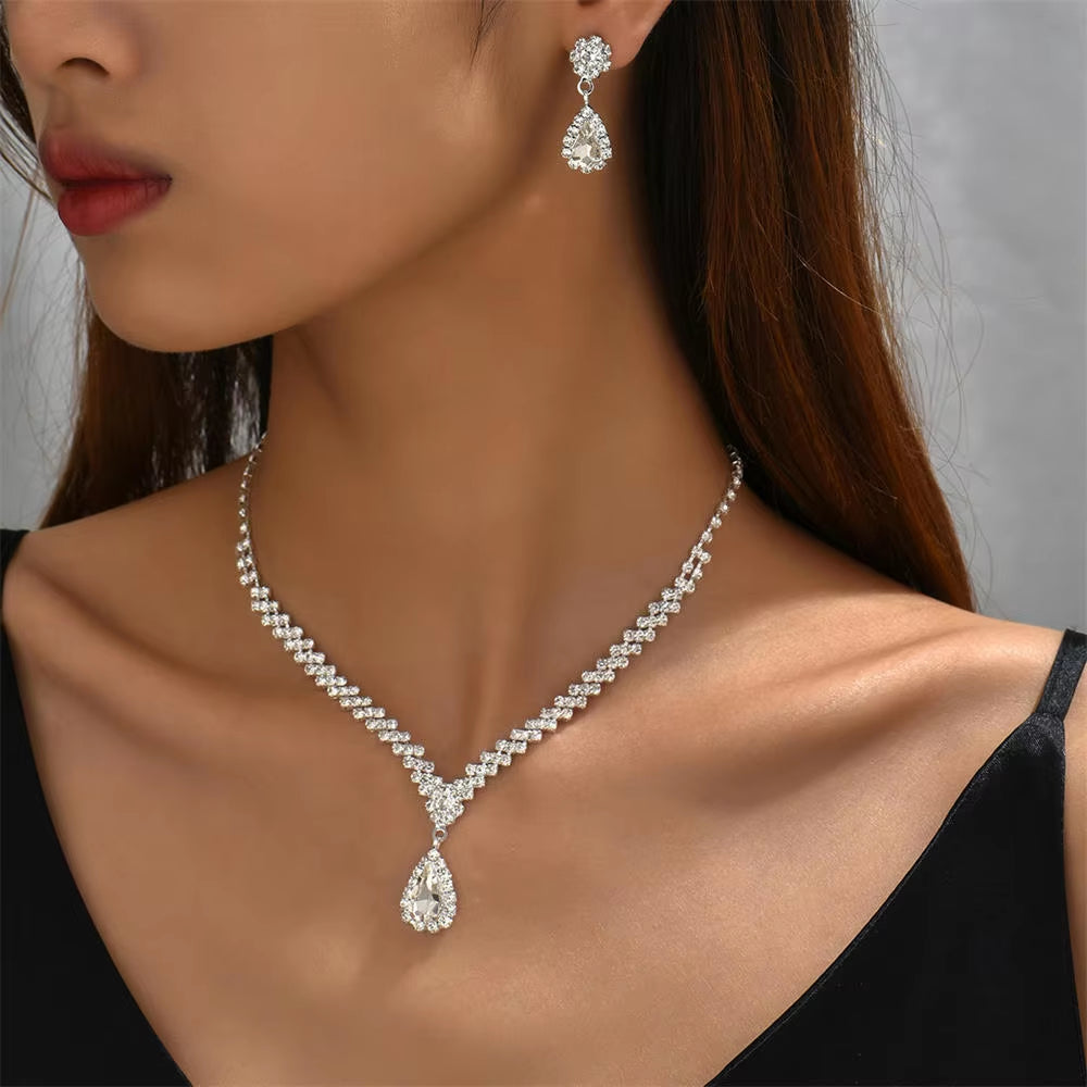 Simple Water Drop Crystal Rhinestone Necklace Earrings Chain for Women Wedding Bride Jewelry Sets Dress Accessories