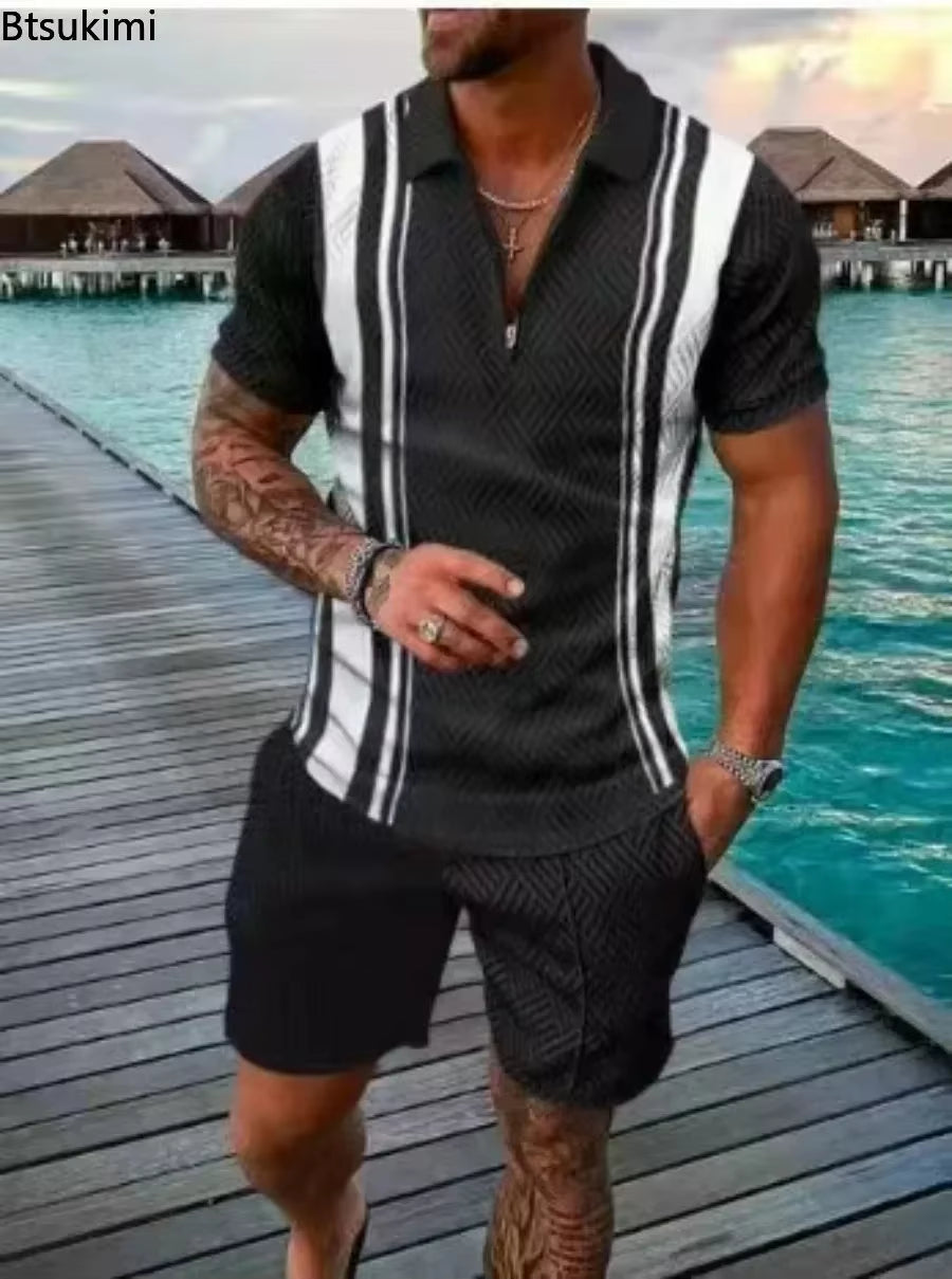 New 2025 Men'S Polo Suit Fashion Men Sets Solid Summer V-Neck Zipper Short Sleeve POLO Shirt+Shorts Two Pieces Men Casual Suit