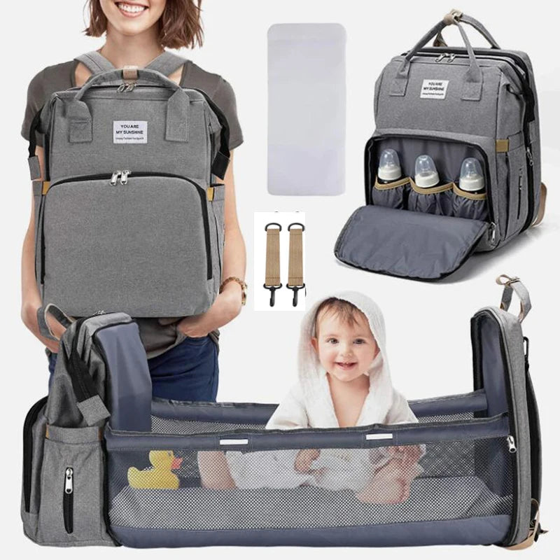 Foldable Baby Crib Diaper Bag with Changing Pad Kids Mummy Backpack USB Interface Baby Care Newborn Nappy Stroller Organizer