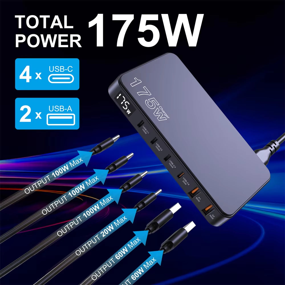 175W Gan USB C Charger LED Display 6-Port Desktop Charger Type C PD 100W PPS 45W Fast Charging for Macbook Samsung Iphone