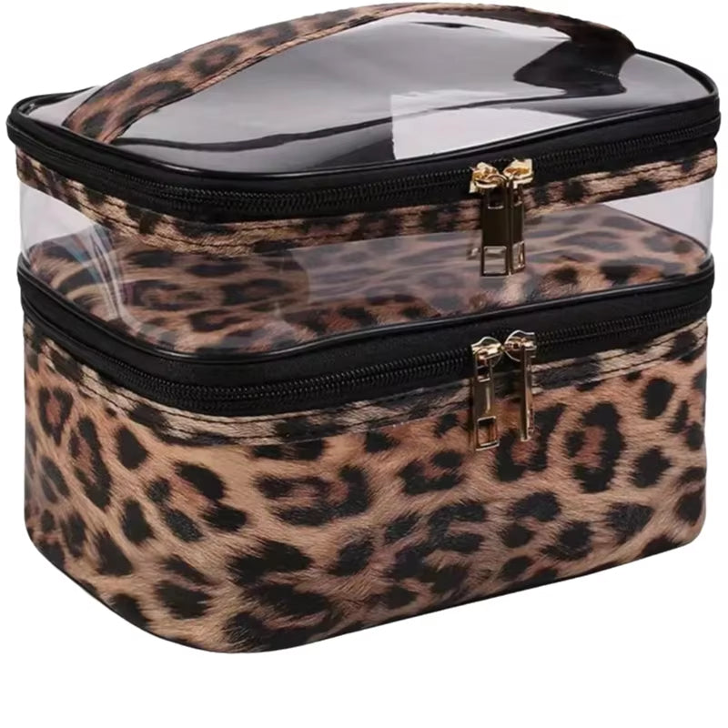 Leopard Print PVC Transparent Double-Layer Makeup Bag Large Capacity Waterproof Toiletry Bag Portable Cosmetic Storage Bag