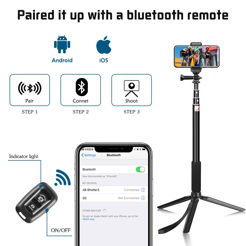 90/150Cm Adjustable Selfie Stick with Wireless Bluetooth-Compatible and Phone Clip for Smartphone Live Photo Youtube Outdoor