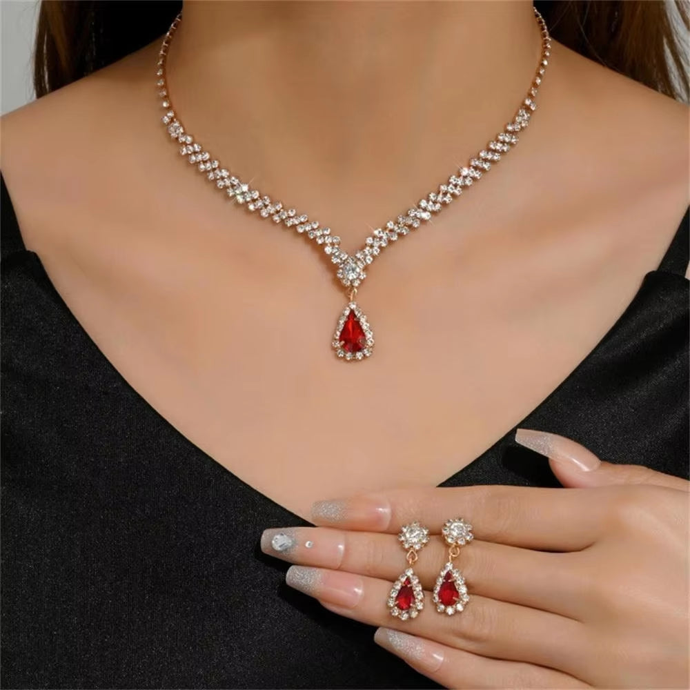 Simple Water Drop Crystal Rhinestone Necklace Earrings Chain for Women Wedding Bride Jewelry Sets Dress Accessories