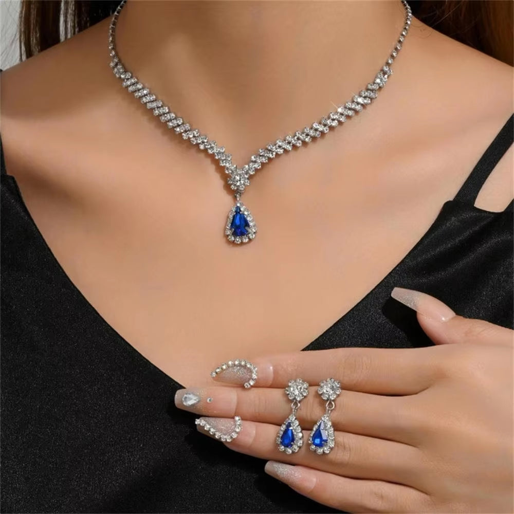 Simple Water Drop Crystal Rhinestone Necklace Earrings Chain for Women Wedding Bride Jewelry Sets Dress Accessories