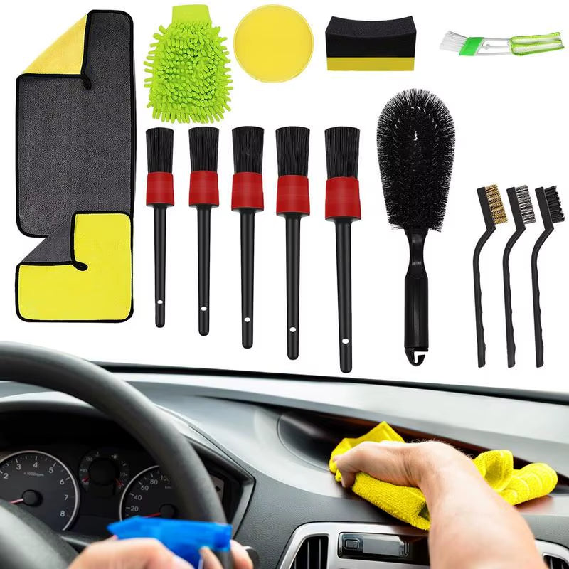 15Pcs/Set Car Detailing Body Interior Cleaning Tools Kit Brush Foam Sponge Microfiber Towel Gloves Water Wash Auto Acessories