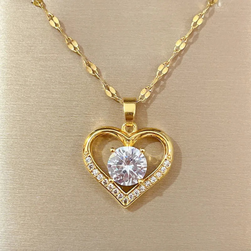 Artificial Gems Heart Pendant Necklace for Women 2022 Golden Stainless Steel Lips Neck Chain Female Necklaces Jewelry for Girl