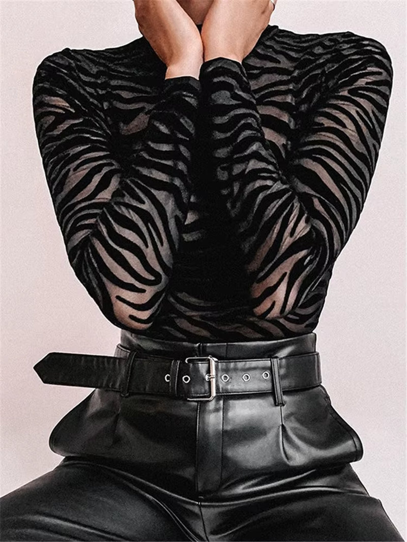 Shestyle Tiger Print Mesh Transparent Bodysuit Women Black Sexy Mock Neck Button Long Sleeve Spring Elastic Punk Body Slim