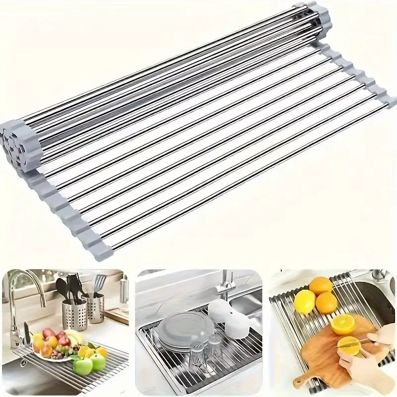 Silicone Stainless Steel Fruit & Vegetable Dish Drainer Kitchen Sink Shelf Kitchen Tools Sponge Holder Kitchen Tools Strainer