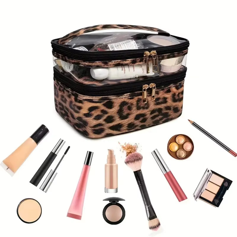 Leopard Print PVC Transparent Double-Layer Makeup Bag Large Capacity Waterproof Toiletry Bag Portable Cosmetic Storage Bag