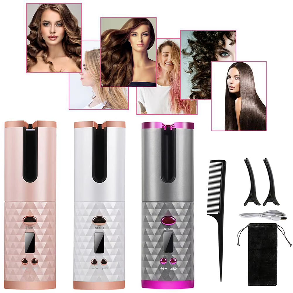 Cordless Automatic Curling Iron Hair Curler Portable Rechargeable Lazy Hair Curler LCD Display Ceramic Curly Rotating Wave Styer