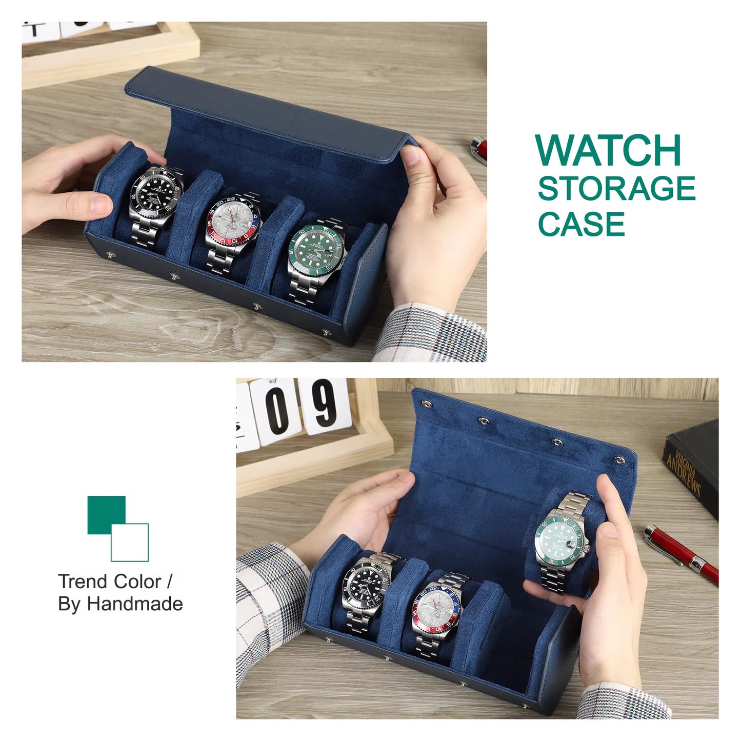 Luxury Genuine Leather Watch Roll Watch Storage Box Travel Watch Case Gift Box Green Watch Pouch