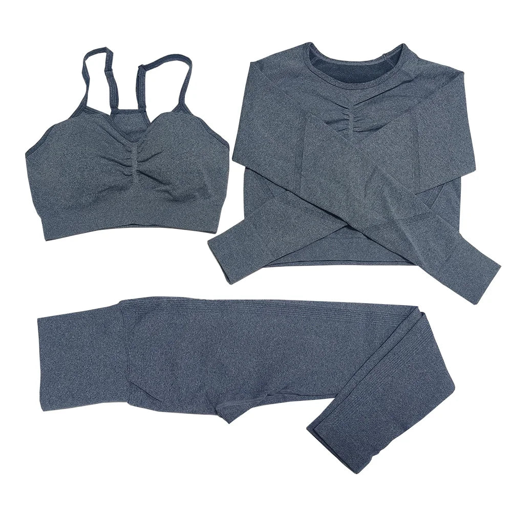 Seamless Women Gym Set Long Sleeve Top Belly Control High Waist Sport Leggings Gym Clothes Girls Tracksuit Sport Suit Sportwear