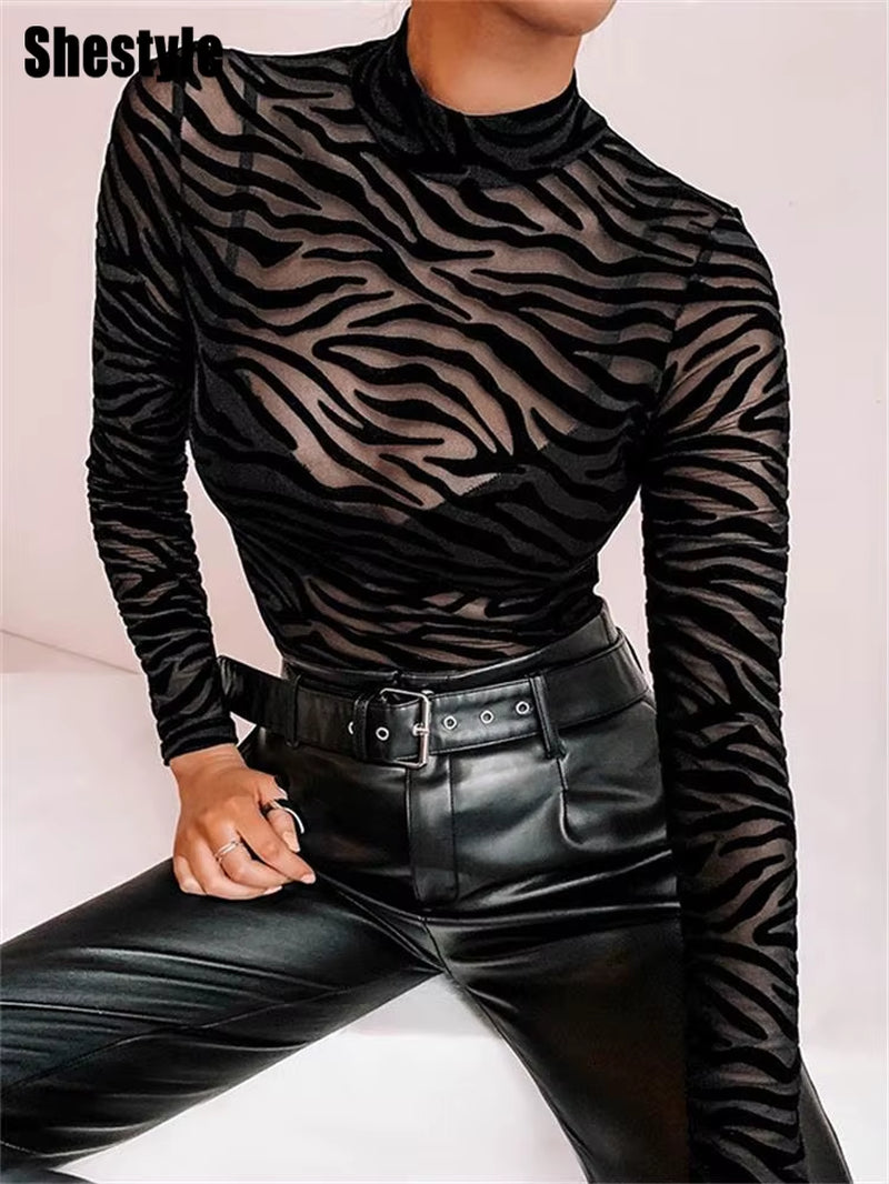 Shestyle Tiger Print Mesh Transparent Bodysuit Women Black Sexy Mock Neck Button Long Sleeve Spring Elastic Punk Body Slim