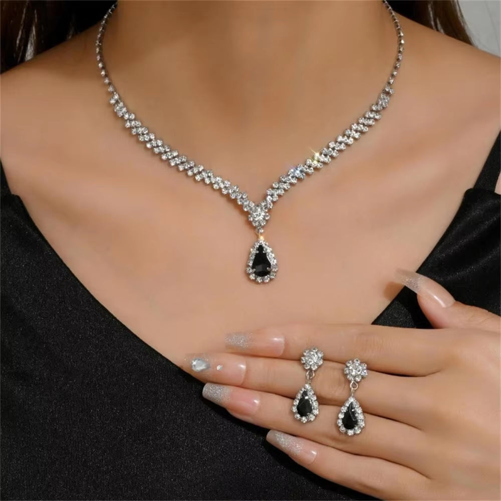 Simple Water Drop Crystal Rhinestone Necklace Earrings Chain for Women Wedding Bride Jewelry Sets Dress Accessories