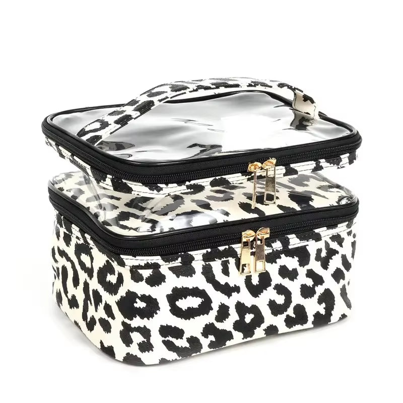 Leopard Print PVC Transparent Double-Layer Makeup Bag Large Capacity Waterproof Toiletry Bag Portable Cosmetic Storage Bag