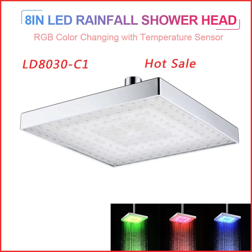 Shower Head LED Rainfall Shower Head Square Shower Head Automatically Color-Changing Temperature Sensor Showerhead for Bathroom