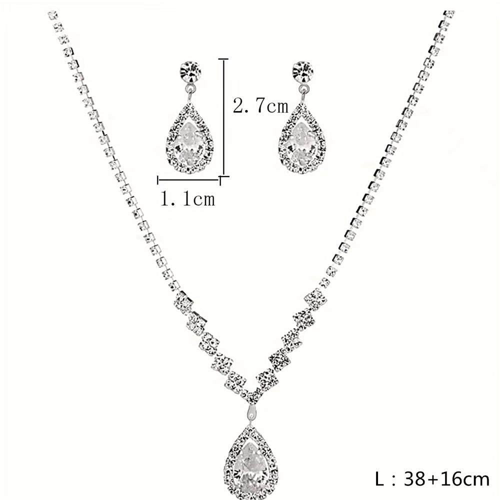 Simple Water Drop Crystal Rhinestone Necklace Earrings Chain for Women Wedding Bride Jewelry Sets Dress Accessories