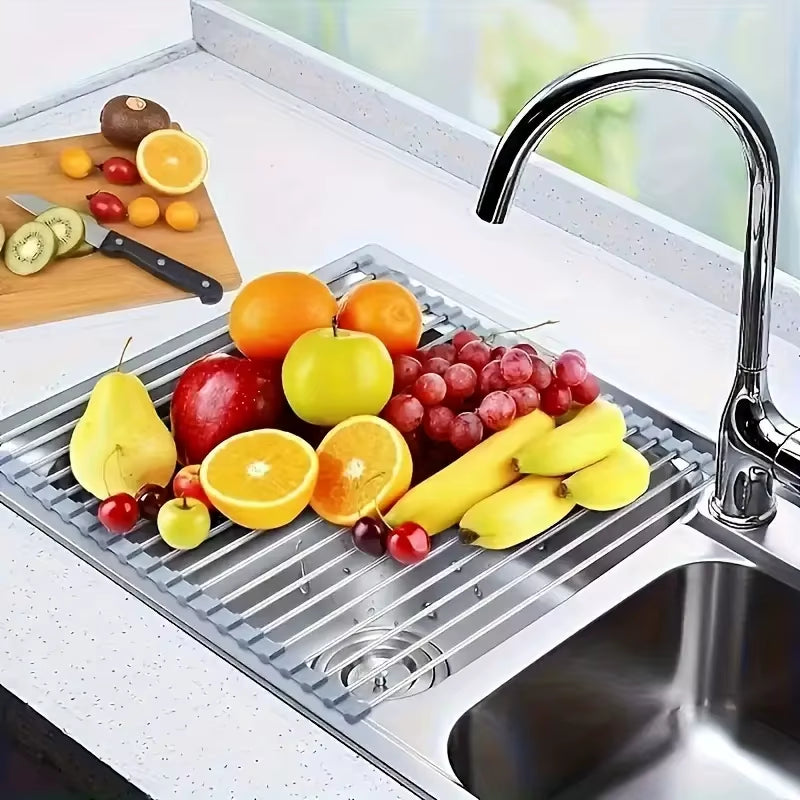 Silicone Stainless Steel Fruit & Vegetable Dish Drainer Kitchen Sink Shelf Kitchen Tools Sponge Holder Kitchen Tools Strainer