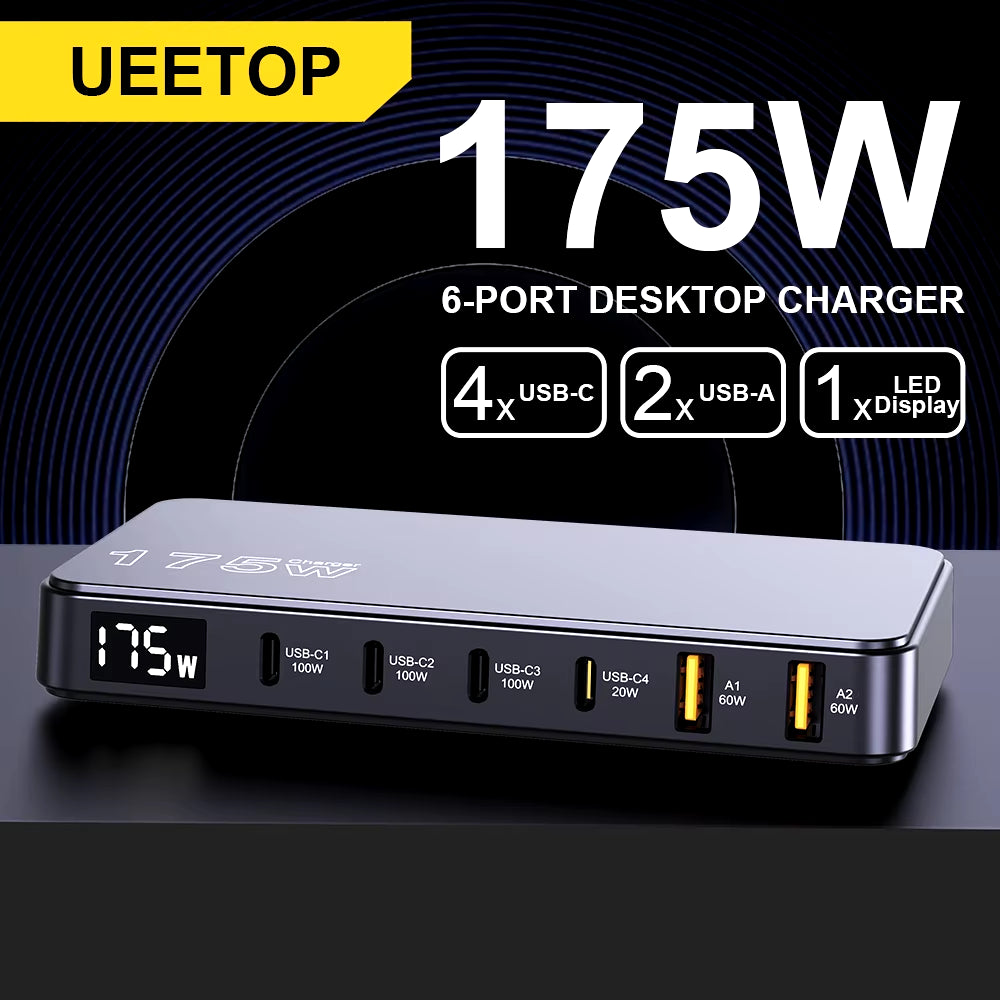 175W Gan USB C Charger LED Display 6-Port Desktop Charger Type C PD 100W PPS 45W Fast Charging for Macbook Samsung Iphone