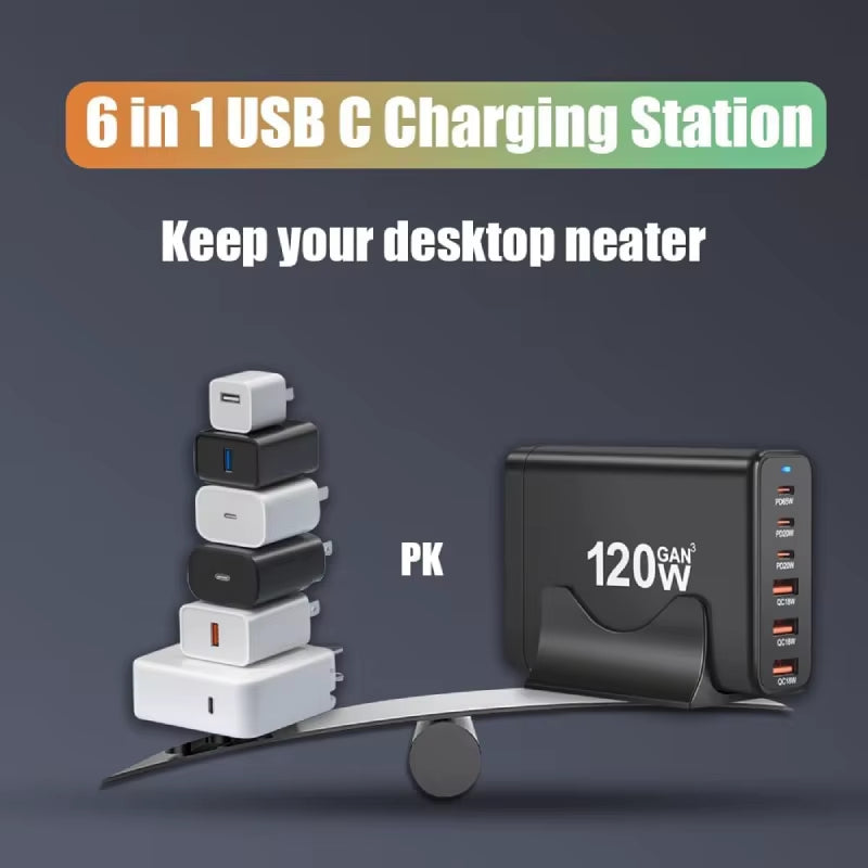 120W Gan 6 Ports USB C Fast Charging Station Hub Block Portable Wall PD Charger Power for Macbook Iphone Samsung Galaxy Xiaomi