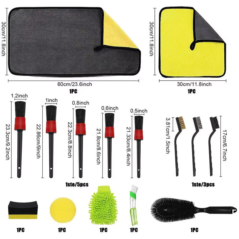 15Pcs/Set Car Detailing Body Interior Cleaning Tools Kit Brush Foam Sponge Microfiber Towel Gloves Water Wash Auto Acessories