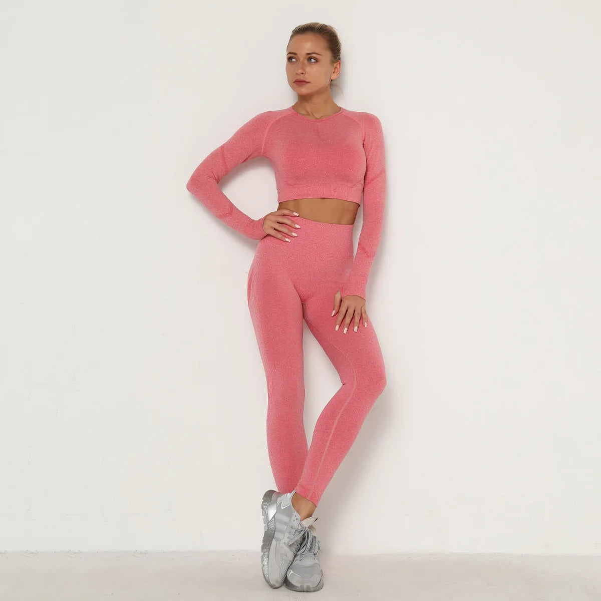 Seamless Women Gym Set Long Sleeve Top Belly Control High Waist Sport Leggings Gym Clothes Girls Tracksuit Sport Suit Sportwear