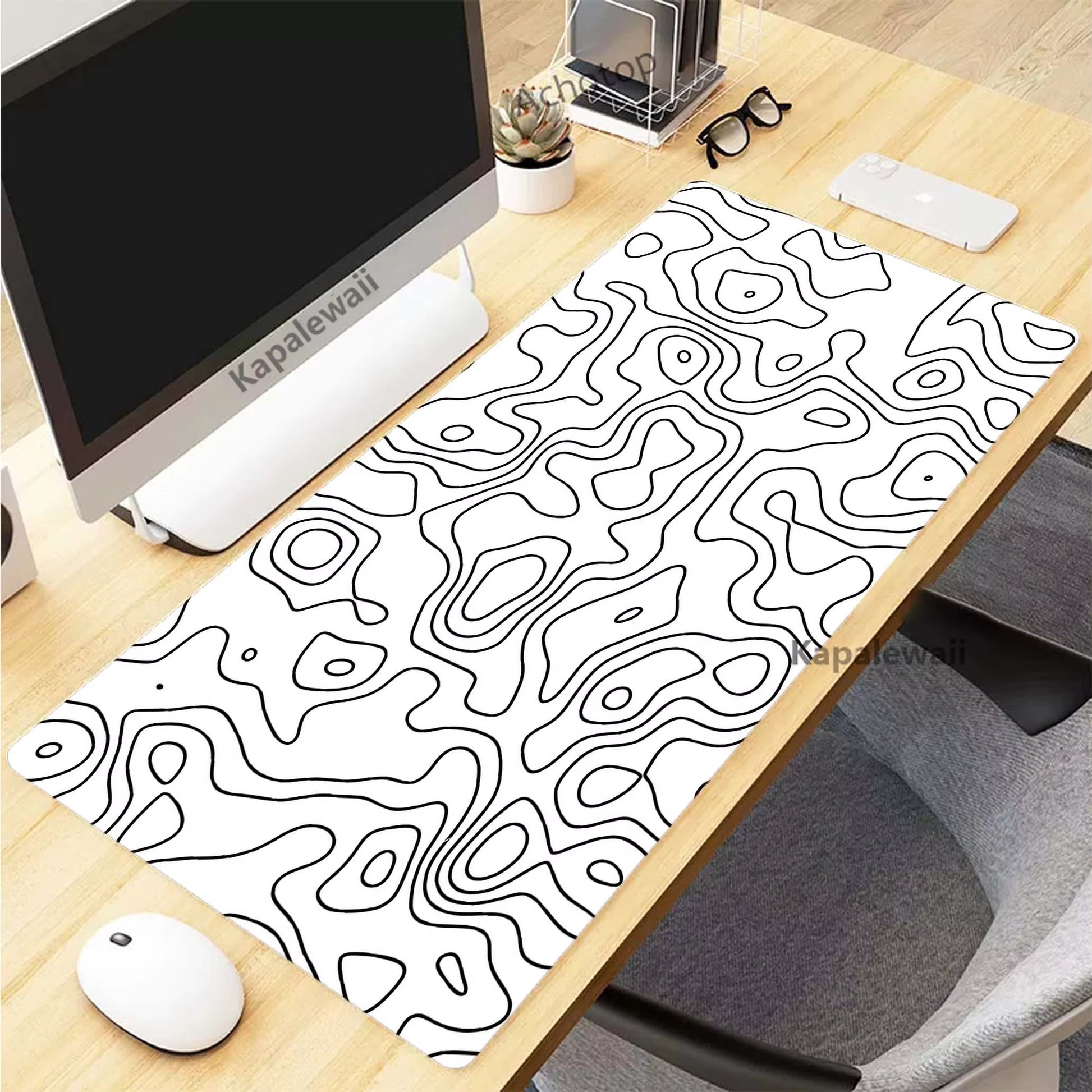 Black and White Topographic Map Art Mouse Pad XXL Mousepad Rubber Keyboard Pads Gaming Setup Accessories Mouse Mat 900X400Mm