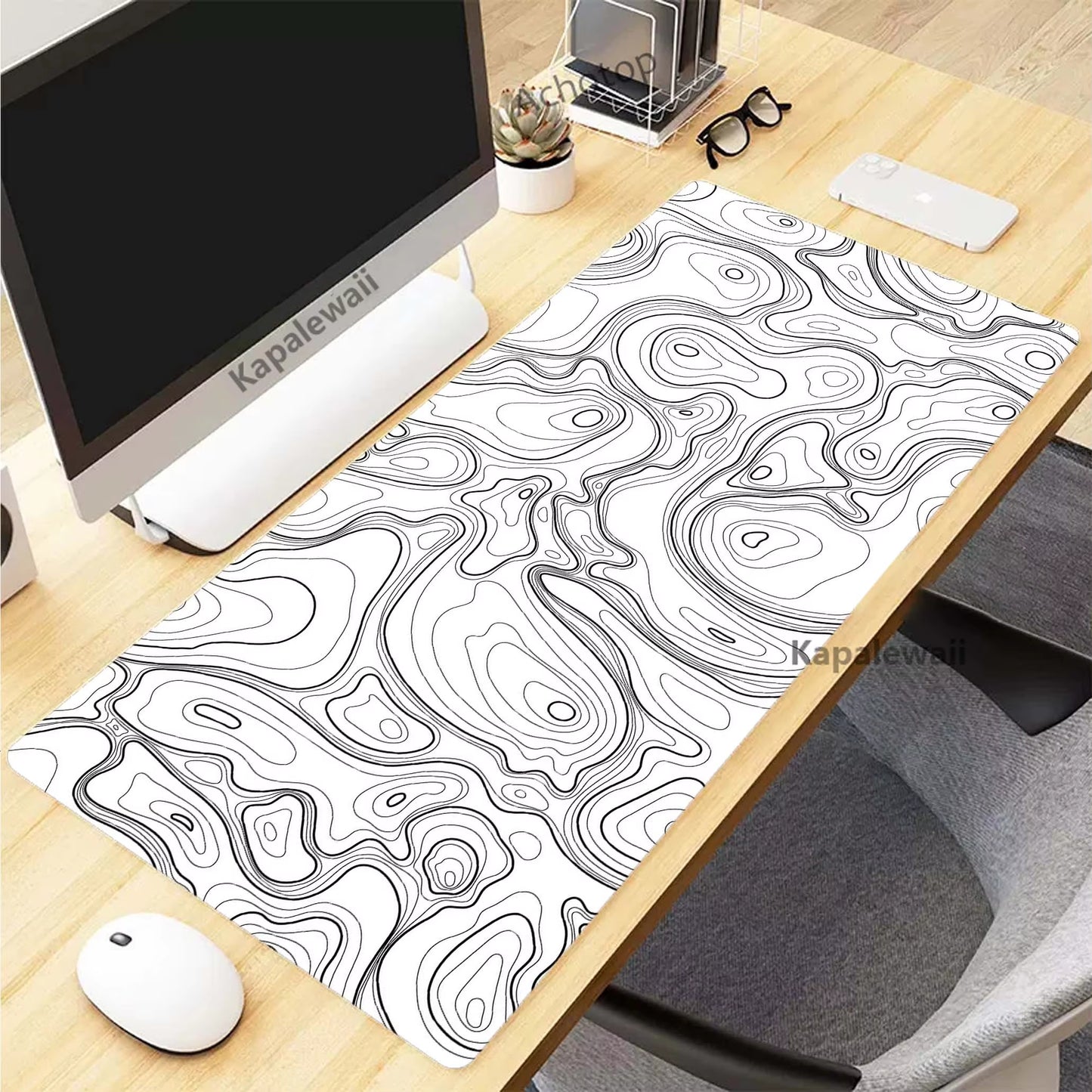 Black and White Topographic Map Art Mouse Pad XXL Mousepad Rubber Keyboard Pads Gaming Setup Accessories Mouse Mat 900X400Mm