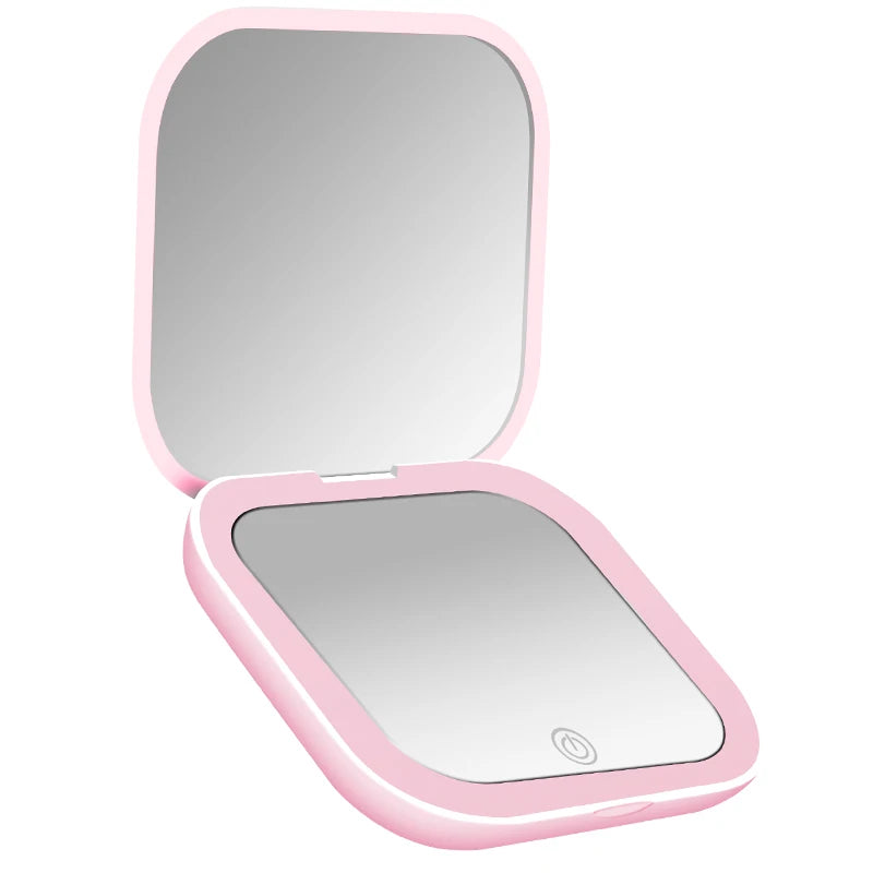 Compact Mini Gift Vanity Folding Cosmetic Mirror with Lights Portable Hand Held Small Pocket Travel Makeup Mirror 2X Magnifying