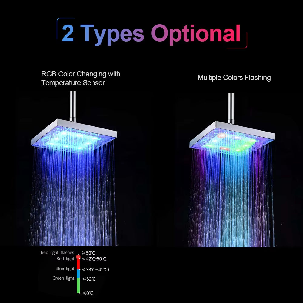 Shower Head LED Rainfall Shower Head Square Shower Head Automatically Color-Changing Temperature Sensor Showerhead for Bathroom