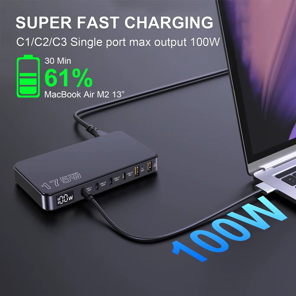 175W Gan USB C Charger LED Display 6-Port Desktop Charger Type C PD 100W PPS 45W Fast Charging for Macbook Samsung Iphone