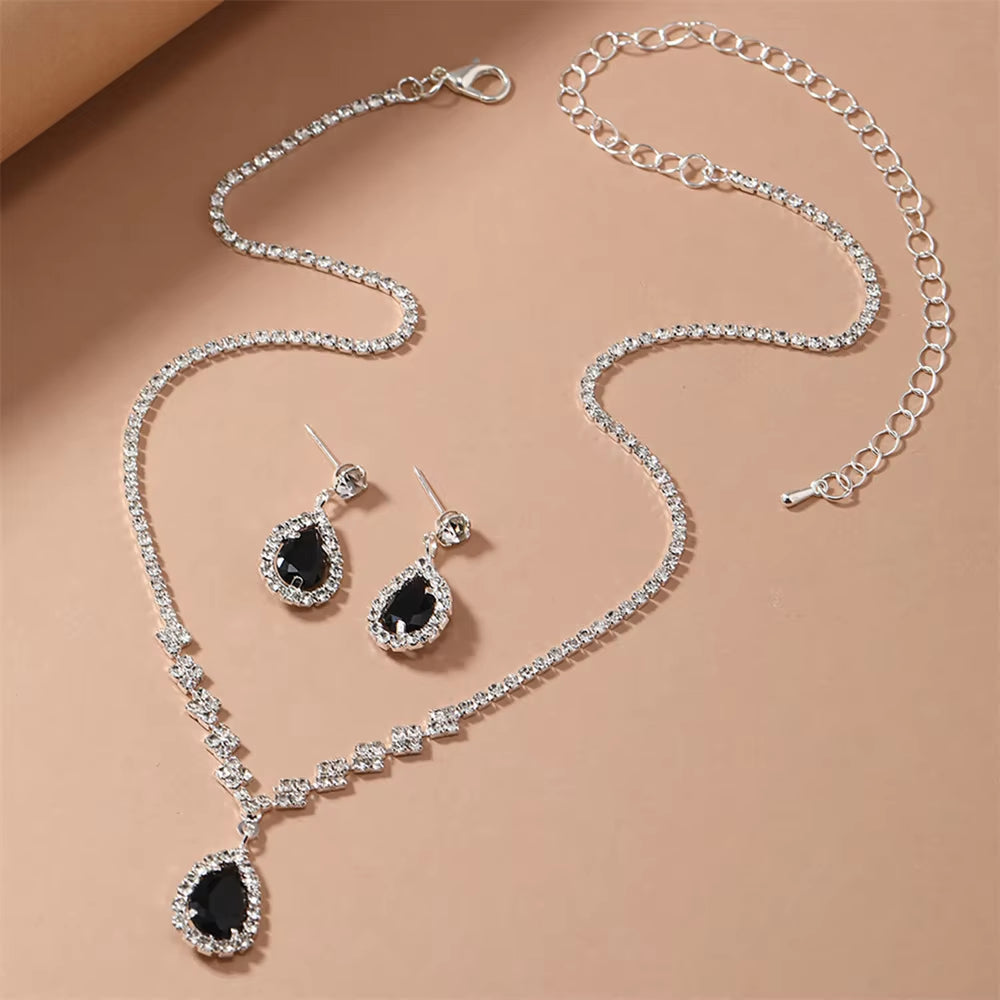 Simple Water Drop Crystal Rhinestone Necklace Earrings Chain for Women Wedding Bride Jewelry Sets Dress Accessories