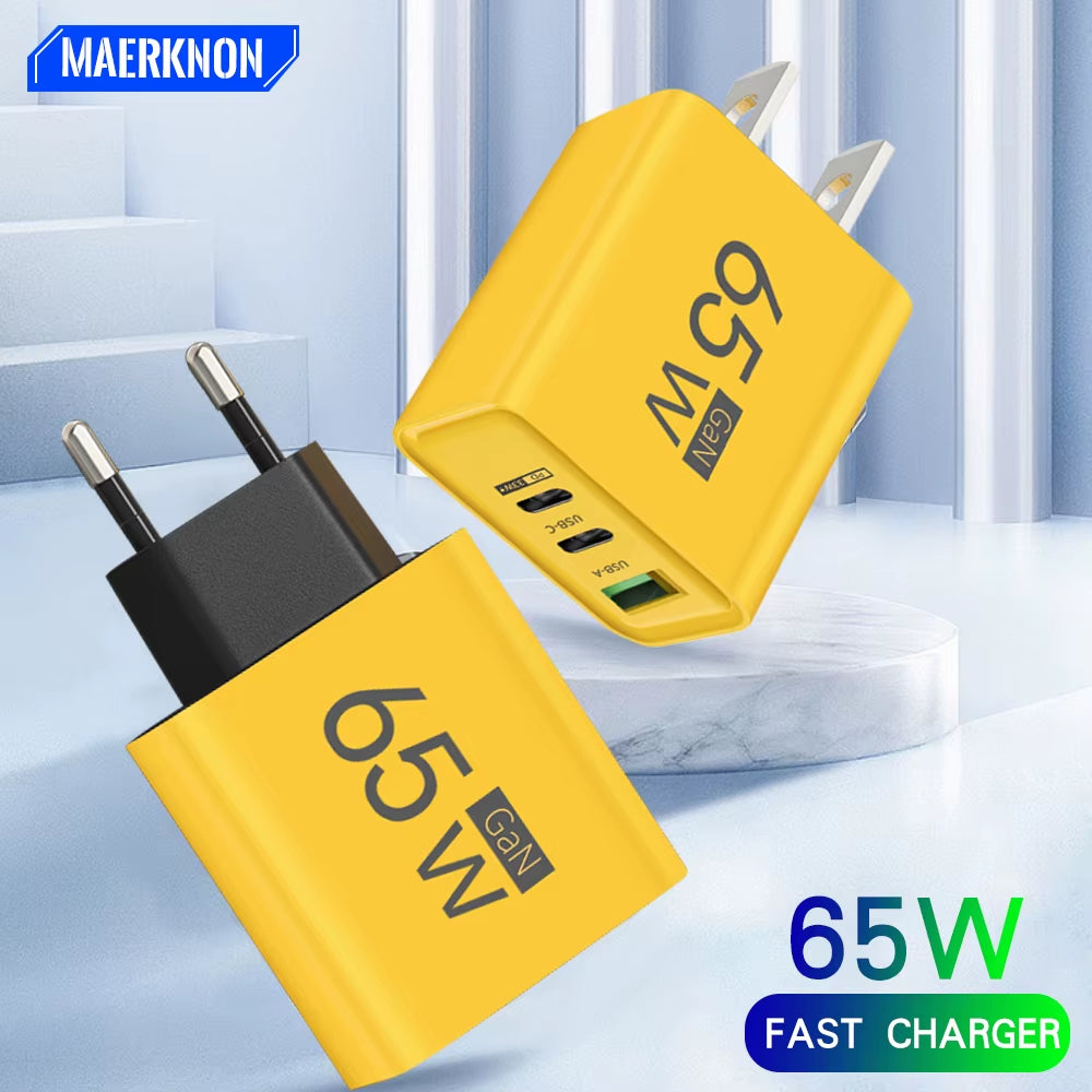 Total 65W Gan USB Charger 3 Ports Fast Charging Type C Phone Charger Adapter Quick Wall Charger for Iphone Samsung Xiaomi Huawei