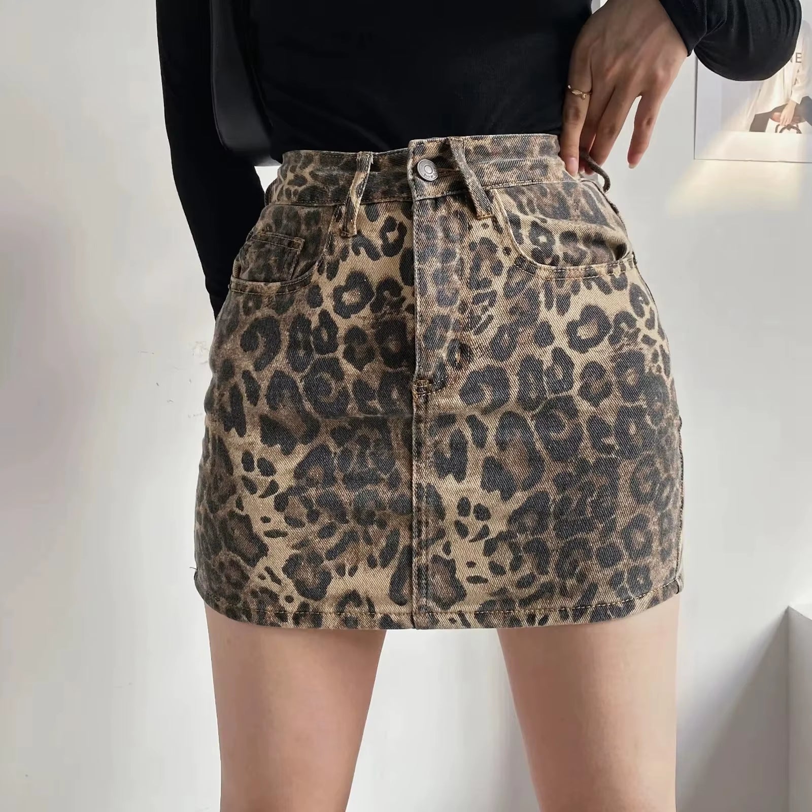 Leopard Print Denim Skirts for Women Y2K Fashion High Waisted Mini Jeans Skirt Faldas Streetwear Korean Style Ladies Skirts 스커트