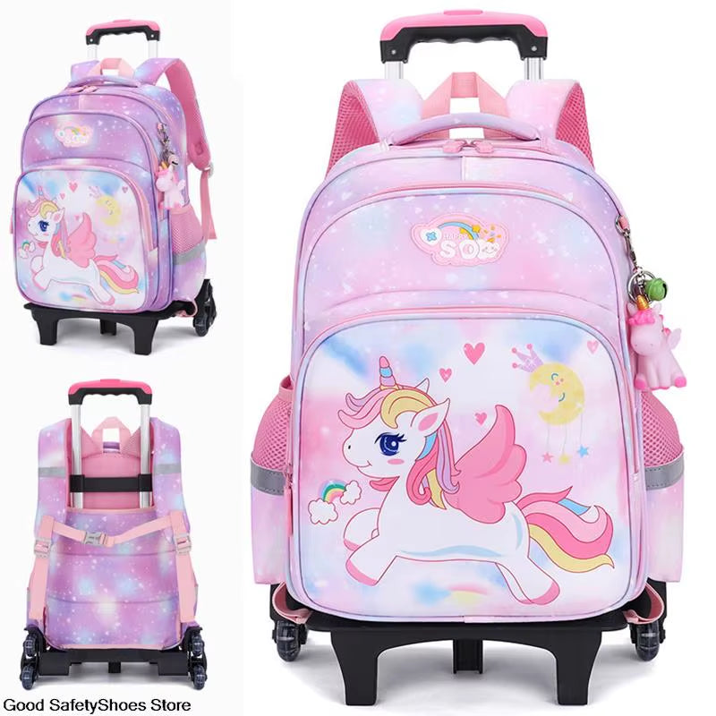 Kids School Rolling Backpacks Trolley Luggage Bag School Trolley Bags Girl School Wheeled Waterproof School Backpack with Wheels