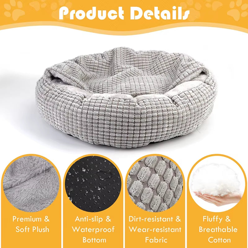 Cozy Dog Bed Hooded Fluffy Orthopedic round Donut Pet Cuddler Anxiety Calming Bed Washable Soft Nonslip Puppy Cat Cave