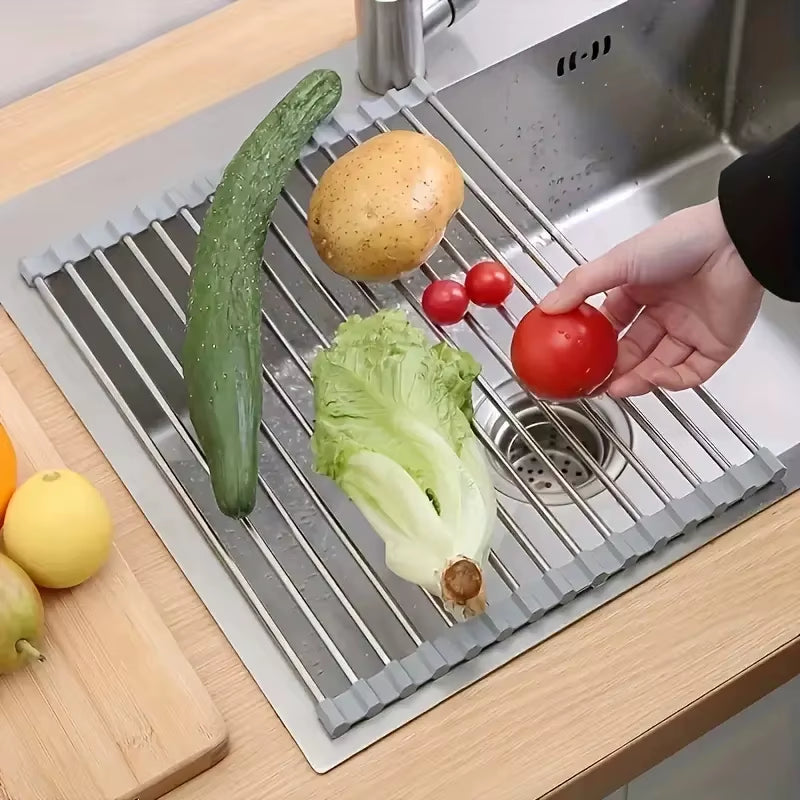 Silicone Stainless Steel Fruit & Vegetable Dish Drainer Kitchen Sink Shelf Kitchen Tools Sponge Holder Kitchen Tools Strainer