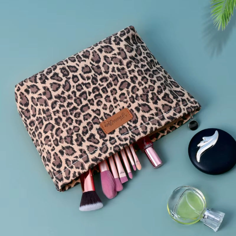 Leopard Print Large Makeup Bag - Stylish Cute Toiletry Organizer Handbag for Women Girls