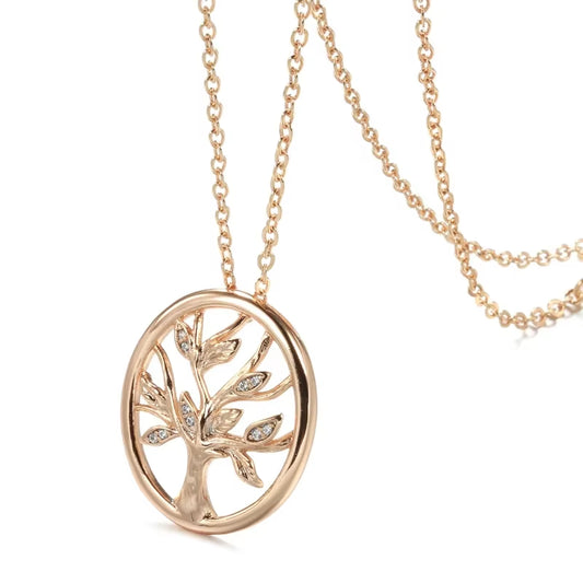 Hot 585 Rose Gold Color Lucky Tree Pendant Necklace for Women Fashion Natural Zircon Pendant Daily Fine Vintage Jewelry