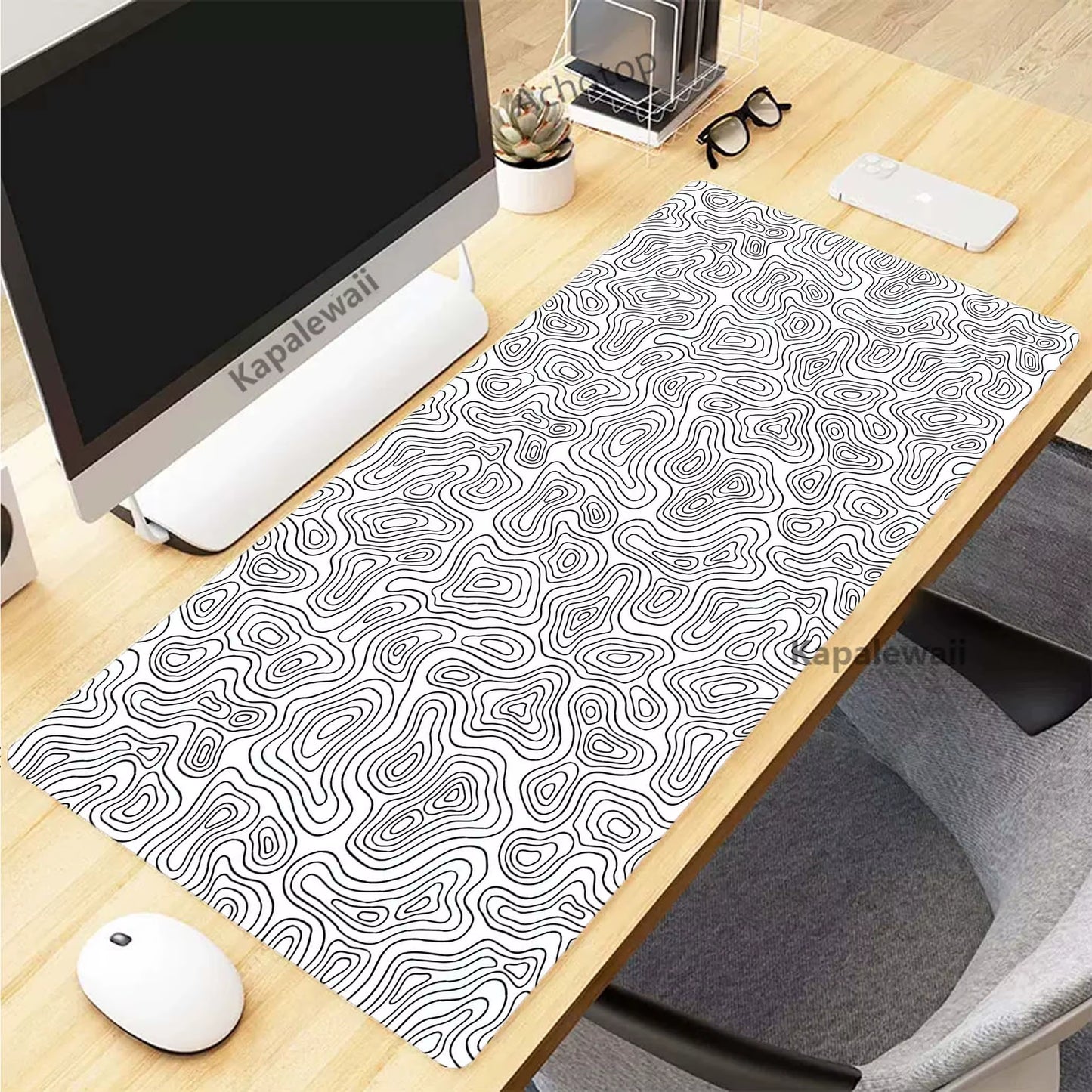 Black and White Topographic Map Art Mouse Pad XXL Mousepad Rubber Keyboard Pads Gaming Setup Accessories Mouse Mat 900X400Mm