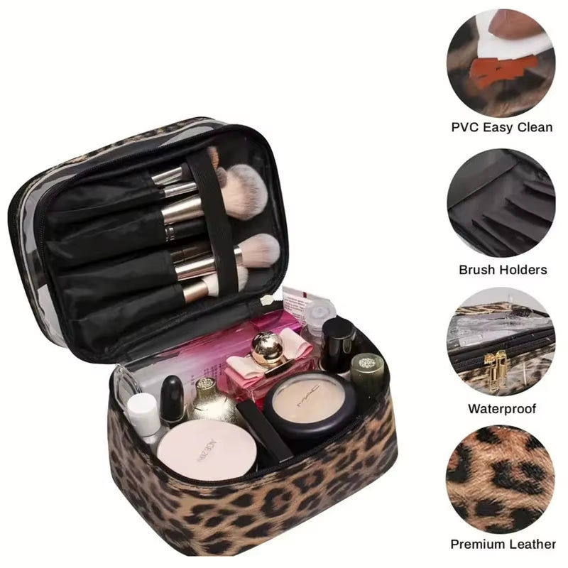 Leopard Print PVC Transparent Double-Layer Makeup Bag Large Capacity Waterproof Toiletry Bag Portable Cosmetic Storage Bag