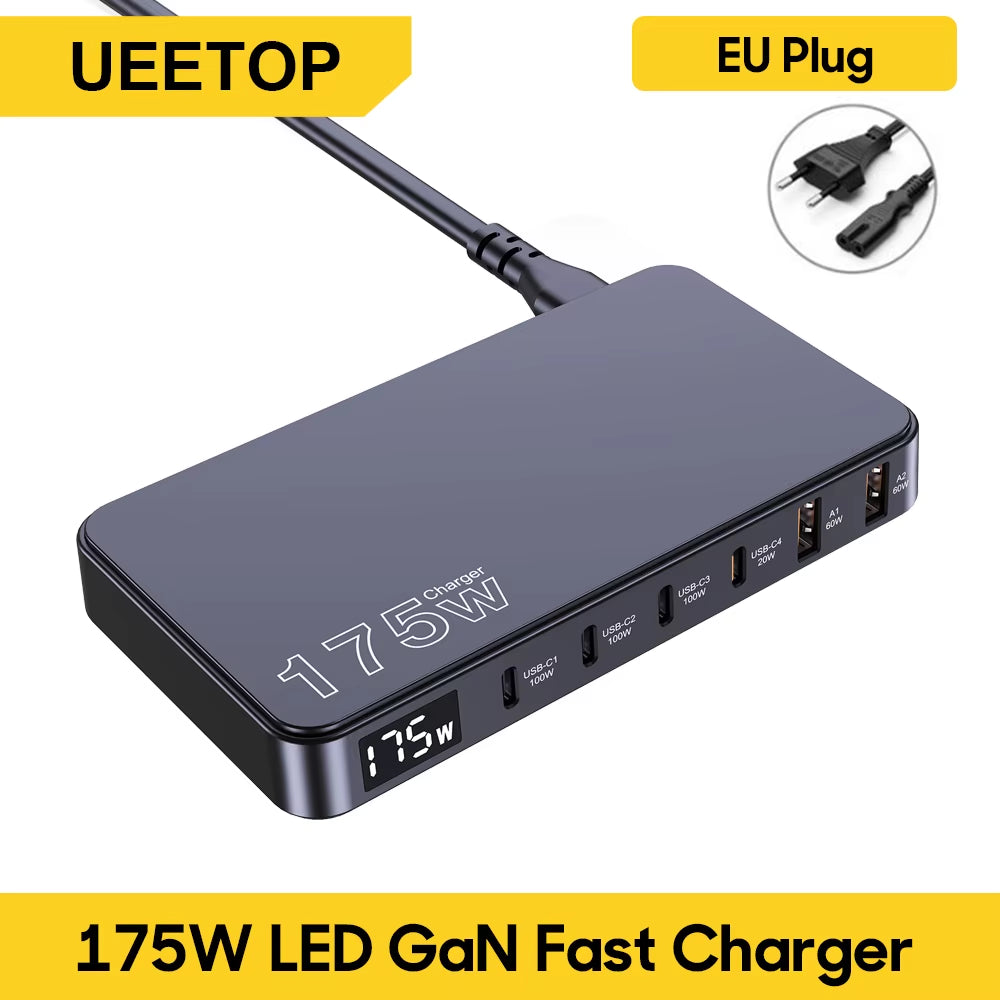 175W Gan USB C Charger LED Display 6-Port Desktop Charger Type C PD 100W PPS 45W Fast Charging for Macbook Samsung Iphone