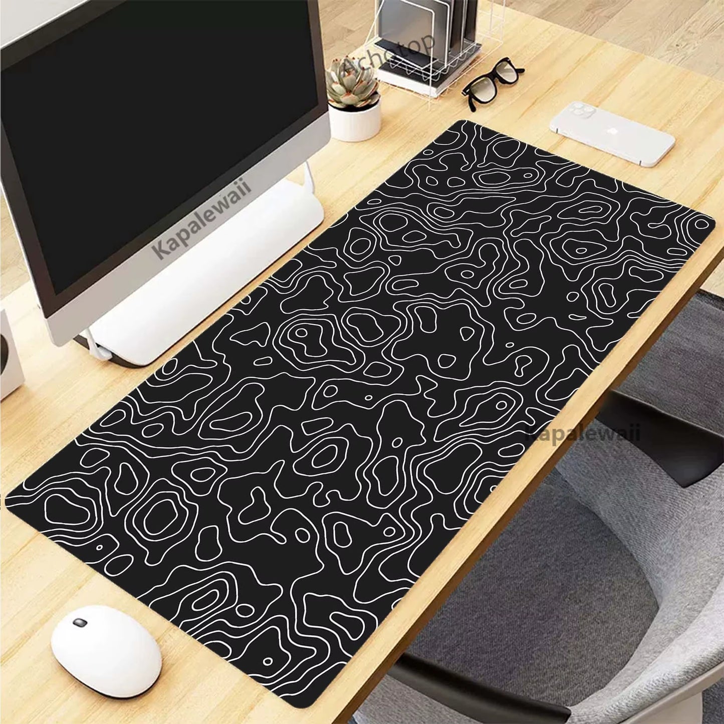 Black and White Topographic Map Art Mouse Pad XXL Mousepad Rubber Keyboard Pads Gaming Setup Accessories Mouse Mat 900X400Mm