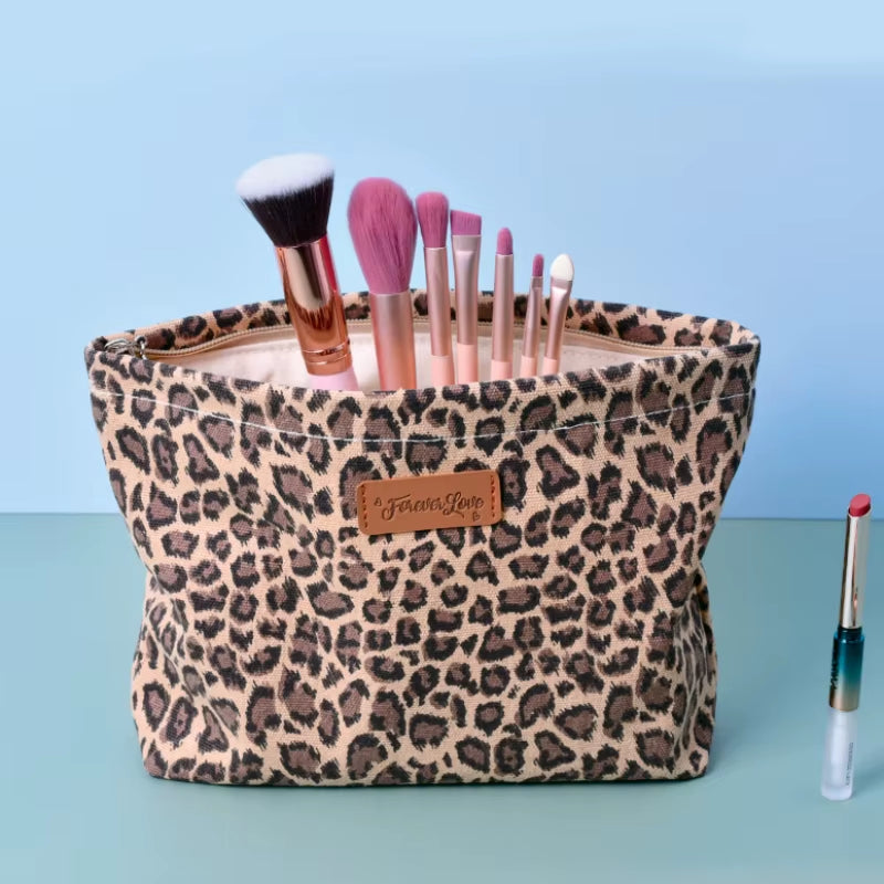 Leopard Print Large Makeup Bag - Stylish Cute Toiletry Organizer Handbag for Women Girls