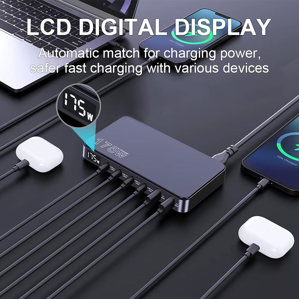 175W Gan USB C Charger LED Display 6-Port Desktop Charger Type C PD 100W PPS 45W Fast Charging for Macbook Samsung Iphone