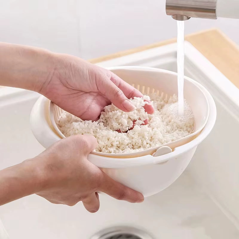 Kitchen Rotatable Double Drain Basket Fruits Vegetables Washing Storage Basket Strainers Bowl Cleaning Filter Colander Tool