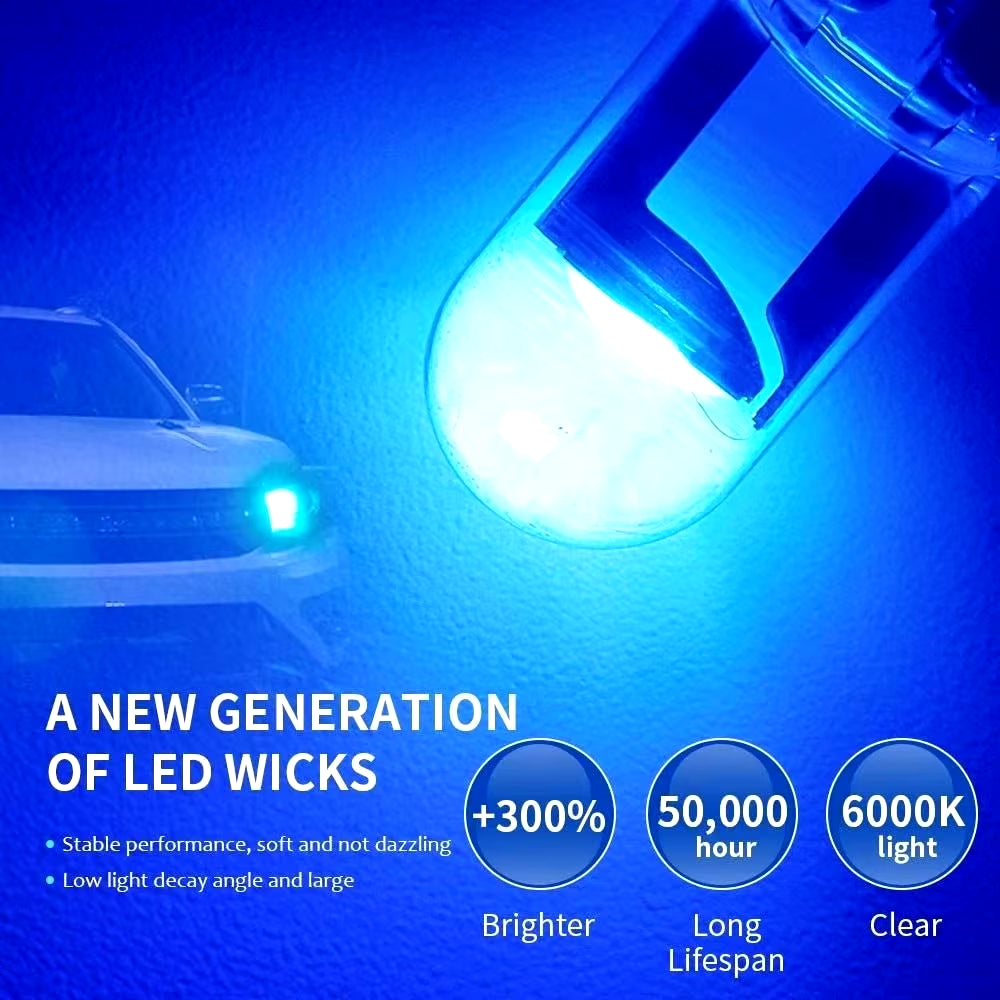 Car LED T10 W5W Canbus Glass COB 6000K Reading Dome Lamp Marker Wedge License Platelight Bulb 168 194 192 DC 12V White Blue Red