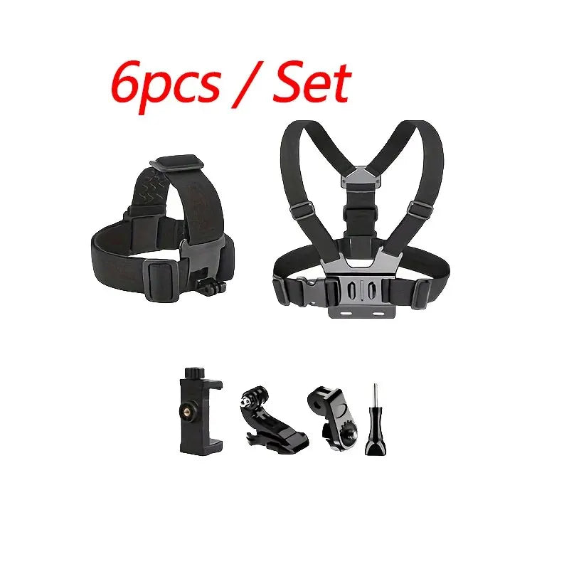 All-In-One 6Pcs Action Camera Kit Head Strap Chest Strap Mount Adjustable for Gopro Phone Osmo Enhanced Stability Versatility