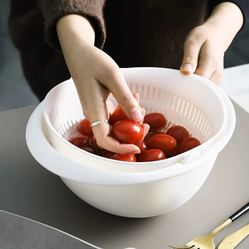 Kitchen Rotatable Double Drain Basket Fruits Vegetables Washing Storage Basket Strainers Bowl Cleaning Filter Colander Tool